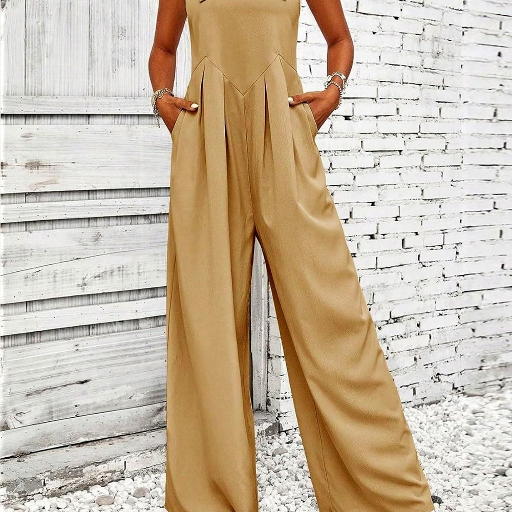 I (XXL) Sleeveless Strapped Wide Leg Cami Bib Jumpsuit